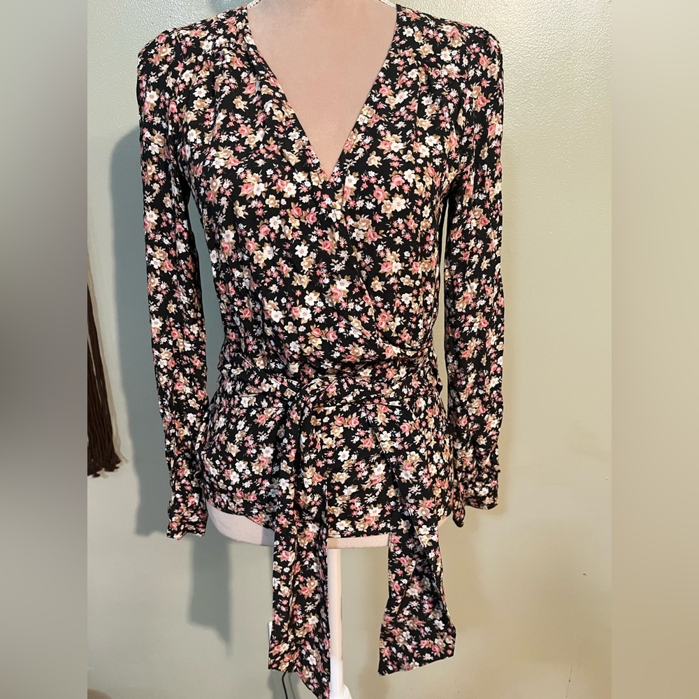 Sezane Nina Floral Wrap Tie Around Top Blouse Long Sleeve Size 36